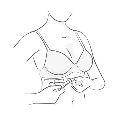 An illustration of a person using a measuring tape around their body to measure their size, measured just under where their bra is located.